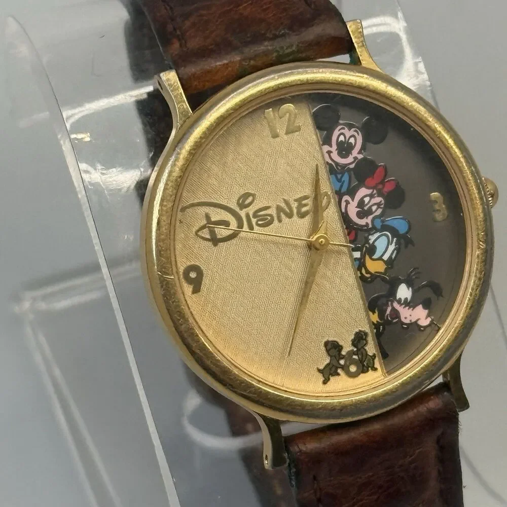 VTG Disney Gold Tone 32mm Watch Mickey Minnie Donald Goofy Chip & Dale Lthr EUC